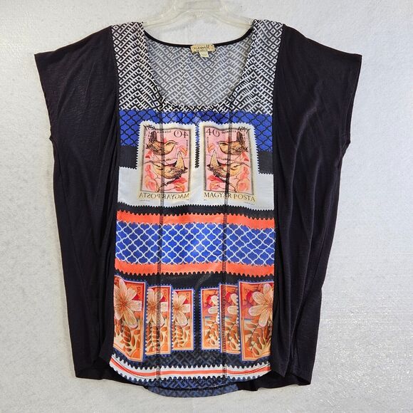 One World Blouse Womens Medium Black Yellow Dolman Short Cap Sleeve Boho Stretch - Picture 1 of 15